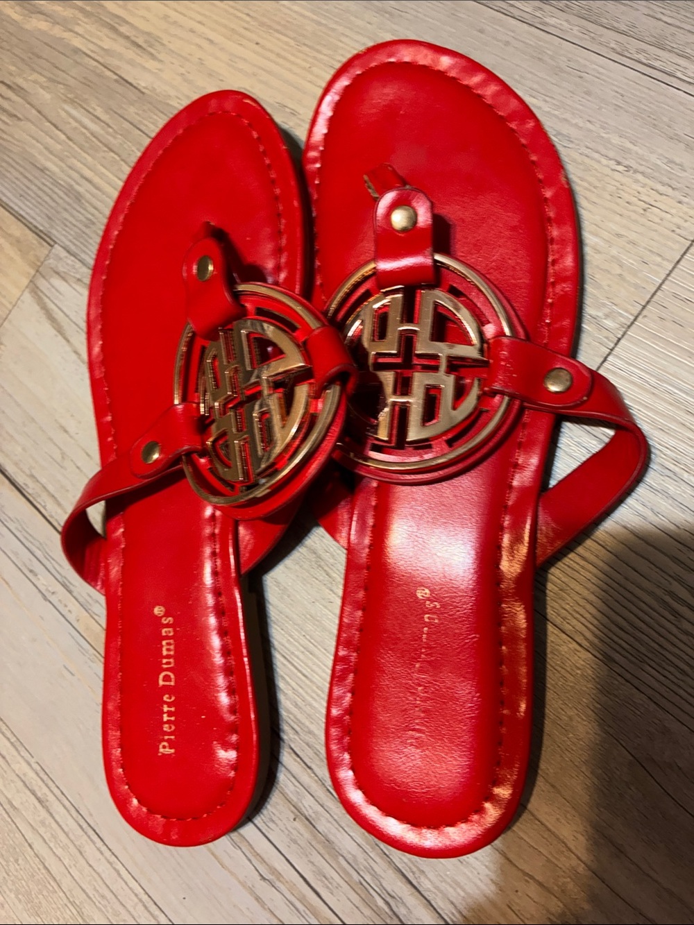 Pierre Dumas Red Sandal with Gold Medallion Accent